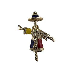 Sarah Coventry Gold Tone Enamel Scarecrow Brooch Pin Red Blue Yellow